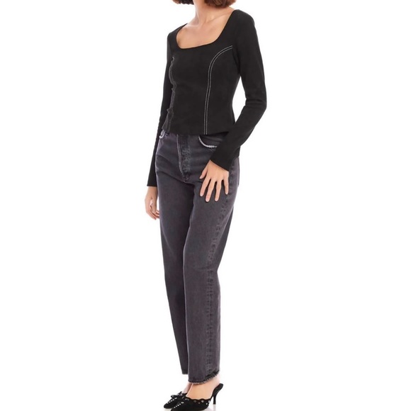 NWT Fifteen Twenty Faux Black Suede Stitch Long Sleeve Top, XS - Picture 3 of 4